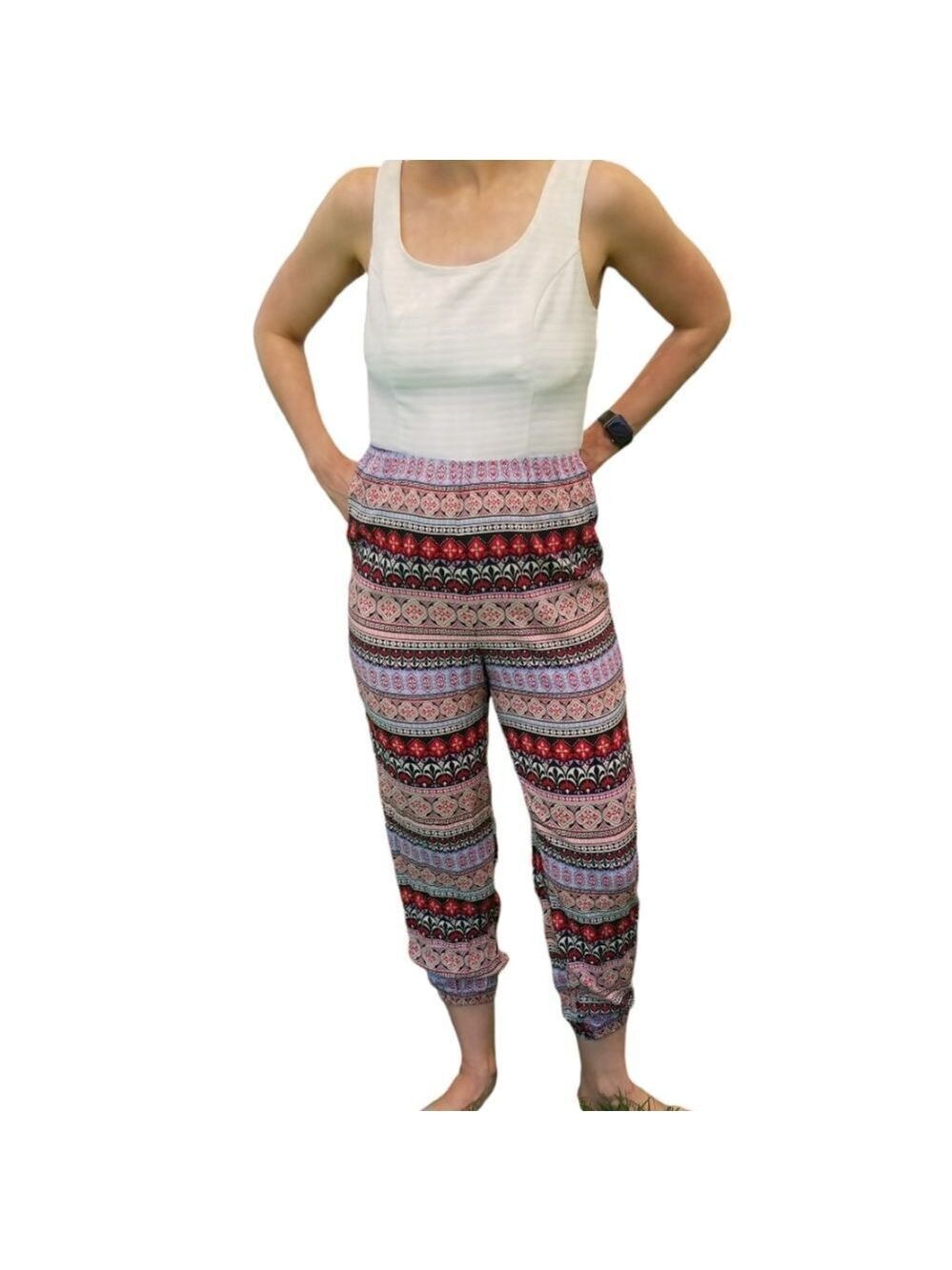 Stoosh Jumpsuit Sleeveless Solid White Top Multicolored Printed Bottom Size Lg - Picture 6 of 6